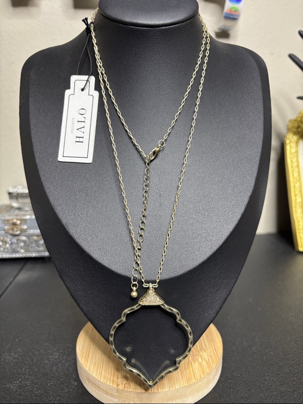 Halo Gold-Tone Double Layer Necklace with Ornate Frame Pendant NWT